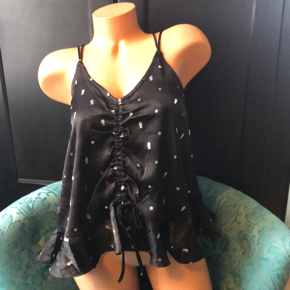 She + Sky Black Pineapple Ruffle Drawstring Cami